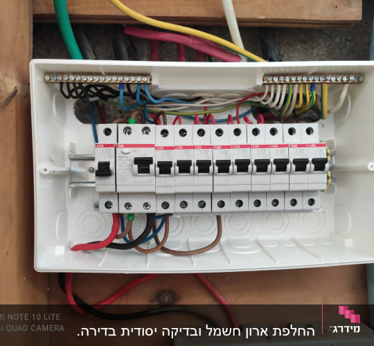 לוח חשמל עם מפסקים וחוטי חשמל צבעוניים